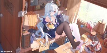 1girl absurdres artist_name asymmetrical_legwear black_thighhighs blue_eyes blue_flower blue_hair blue_rose cake cake_slice can curtains desk_lamp flower food hat heterochromia highres holding holding_spoon ice_cream lamp long_hair military_vehicle mismatched_legwear motor_vehicle ningmeng_jing_jing_jing_jing open_mouth original pleated_skirt pudding red_eyes rose skirt soles solo spoon suitcase tank thighhighs very_long_hair white_thighhighs