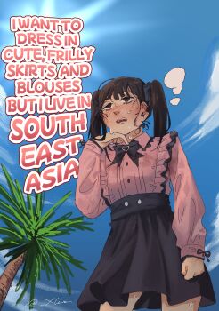 1girl black_bow black_ribbon black_skirt blush bow brown_eyes brown_hair collared_shirt cowboy_shot day ear_piercing english_text freckles frilled_shirt frills from_below highres indonesian_commentary jirai_kei light_rays long_hair nervous_sweating nose oliver_nero open_mouth original outdoors palm_tree piercing pink_shirt ribbon shirt shirt_tucked_in skirt sky solo sweat tree twintails twitter_username