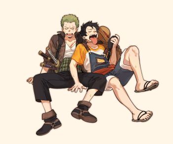2boys arm_support black_pants blue_overalls blue_shorts boots brown_jacket closed_eyes commentary full_body haramaki hat highres holding jacket katana male_focus monkey_d._luffy multiple_boys one_piece open_clothes open_jacket open_mouth overall_shorts overalls pants roronoa_zoro sandals scar scar_across_eye scar_on_chest scar_on_face sheath sheathed shirt shorts simple_background sitting straw_hat sweat sword symbol-only_commentary toku0034 tongue tongue_out unworn_hat unworn_headwear weapon white_shirt