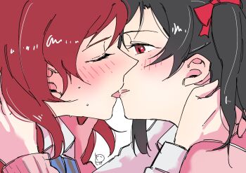 2girls black_hair blush bow closed_eyes commentary_request french_kiss hair_bow hand_on_another&#039;s_neck highres kiss love_live! love_live!_school_idol_project medium_hair multiple_girls nishikino_maki otonokizaka_school_uniform parted_lips red_bow red_eyes red_hair school_uniform simple_background surfacedxxc tongue tongue_out white_background yazawa_nico yuri