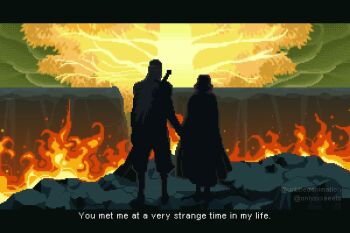 1girl aseprite_(medium) axe boots brown_hair chasm cloak commentary elden_ring english_commentary english_text erdtree_(elden_ring) fight_club fire from_behind glowing_tree hat highres holding_hands knee_boots long_hair melina_(elden_ring) onlypixeeels pixel_art puffy_pants rock scene_reference short_hair standing tarnished_(elden_ring) weapon weapon_on_back white_hair