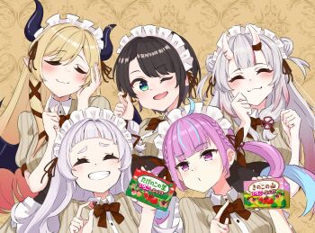 Rule 34 | 5girls, :3, absurdres, alternate costume, aqua eyes, black hair, blonde hair, blue hair, blunt bangs, bow, bowtie, box, brown background, brown dress, candy, chocolate, closed eyes, closed mouth, colored inner hair, commentary request, dress, food, gradient hair, grey hair, hand up, hands up, highres, holding, hololive, kinoko no yama, light purple hair, long hair, looking at another, looking at viewer, maid, maid headdress, medium hair, minato aqua, multicolored hair, multiple girls, murasaki shion, nakiri ayame, neg carrot, one eye closed, oozora subaru, parted bangs, pink eyes, pink hair, pointy ears, red bow, red bowtie, red hair, short eyebrows, short sleeves, smile, streaked hair, thick eyebrows, twintails, upper body, virtual youtuber, yuzuki choco