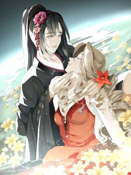 2girls aerith_gainsborough aerith_gainsborough_(red_dress) arm_around_neck black_hair black_kimono brown_hair cradling_head final_fantasy final_fantasy_vii final_fantasy_vii_remake flower flower_hairband hand_on_another&#039;s_face high_ponytail highres japanese_clothes kimono long_hair looking_at_another luuann_k multiple_girls official_alternate_costume partially_submerged pink_lips ponytail red_eyes tifa_lockhart tifa_lockhart_(exotic_dress) wall_market water wavy_hair yellow_flower yuri