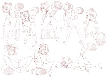 1girl agemmata animal_ear_fluff antennae anus ass bamboo_hair_ornament bent_over blush braid breasts completely_nude fake_antennae female_pubic_hair from_behind full_body headband highres kneepits komachi_panko komachi_panko_(beeko) loli looking_at_viewer looking_back low_twin_braids m_legs monochrome multiple_views naughty_face nipples nude phase_connect presenting pubic_hair pussy pussy_juice red_panda_ears red_panda_girl red_panda_tail short_eyebrows short_hair sketch small_breasts sparse_pubic_hair spread_legs thick_eyebrows twin_braids uncensored virtual_youtuber white_background