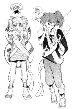 absurdres bandaged_leg bandages clenched_hand cracked_skin full_body gaara_(naruto) genderswap genderswap_(mtf) gourd greyscale hand_on_own_face highres korean_text lodoae monochrome multiple_views naruto_(series) no_eyebrows open-toe_shoes outstretched_arms parted_lips sand scar scar_on_face scar_on_forehead smile stretching twintails white_background