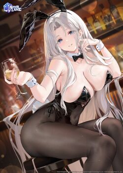 1girl absurdres animal_ear_hairband animal_ears artist_request azur_lane bar_(place) bare_shoulders black_bow black_bowtie black_leotard black_pantyhose blue_eyes bow bowtie breasts chair commentary covered_navel cup detached_collar drinking_glass english_commentary fake_animal_ears fake_tail grey_hair hairband highres holding holding_cup indoors large_breasts leotard long_hair looking_at_viewer official_alternate_costume official_art on_chair pantyhose playboy_bunny rabbit_ears rabbit_tail second-party_source sitting solo tail traditional_bowtie very_long_hair white_wrist_cuffs wine_glass wrist_cuffs yorktown_(azur_lane) yorktown_ii_(an_evening's_companionship)_(azur_lane) yorktown_ii_(azur_lane)