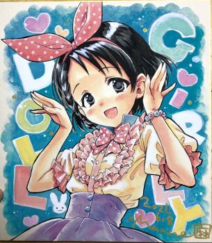 1girl black_eyes black_hair blush bow bowtie frilled_shirt_collar frills hairband high-waist_skirt highres idolmaster idolmaster_cinderella_girls looking_at_viewer marine_(confeitokobo) sasaki_chie shikishi short_hair skirt smile solo traditional_media upper_body