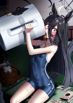 2girls absurdres agnes_tachyon_(umamusume) ahoge animal_ears bandaid bandaid_on_head black_hair coffee coffee_mug commentary_request crossed_bandaids cup drink drinking ear_tag earrings face_down hair_between_eyes highres horse_ears horse_girl horse_tail jewelry long_bangs long_hair long_hair_between_eyes lying manhattan_cafe_(umamusume) manjo_(warito) mug multiple_girls oversized_object single_earring surprised swimsuit tail tracen_swimsuit umamusume yellow_eyes