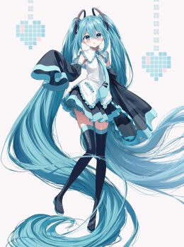 Rule 34 | 1girl, absurdly long hair, black skirt, boots, commentary request, detached sleeves, full body, hatsune miku, highres, long hair, looking at viewer, necktie, pentagon (railgun ky1206), shirt, skirt, sleeveless, sleeveless shirt, sleeves past fingers, sleeves past wrists, solo, thigh boots, twintails, very long hair, vocaloid