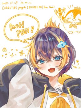 1girl :3 :d blue_eyes blush character_name copyright_name dated fish_hair_ornament folded_ponytail hair_between_eyes hair_intakes hair_ornament highres hood hood_down looking_at_viewer multicolored_hair nijisanji nijisanji_en open_mouth pentomo_(petra_gurin) petra_gurin petra_gurin_(1st_costume) short_hair simple_background sleeves_past_fingers sleeves_past_wrists smile solo speech_bubble streaked_hair vcp_(nijisanji_thank) virtual_youtuber white_background