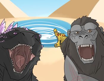 2boys abs b.e.a.s.t._glove crossover day egypt electroshock_weapon gauntlets giant giant_monster gloves godzilla godzilla_(monsterverse) godzilla_(series) godzilla_evolved godzilla_x_kong:_the_new_empire gorilla great_pyramid_of_giza highres ibuki_(tulta_icon) index_finger_raised kaiju king_kong king_kong_(series) legendary_pictures looking_at_viewer meme monster monsterverse multiple_boys no_humans parody pectorals pointing portal_(object) pyramid pyramid_(structure) real_world_location sharp_teeth single_glove sky spikes teeth toho two_soyjaks_pointing_(meme) weapon