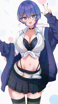 Rule 34 | 1girl, amamiya maki, belt, black bra, black choker, black skirt, blue hair, bra, breasts, cardigan, choker, cleavage, collarbone, colored inner hair, commentary request, glasses, heart, heart o-ring, highres, large breasts, long sleeves, miyama (yakinikusushi the royal), motion lines, multicolored hair, navel, o-ring, open cardigan, open clothes, open mouth, original, panty straps, plaid clothes, plaid skirt, purple hair, red nails, shirt, short hair, skirt, sleeves past wrists, smile, solo, stomach, thighhighs, tied shirt, twitter username, underwear, white belt, white shirt, zettai ryouiki