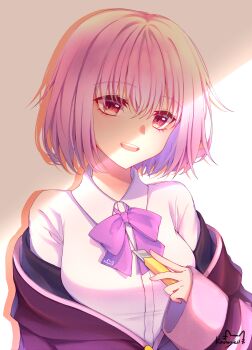 1girl :d absurdres bow bowtie boxcutter breasts collared_shirt commentary drop_shadow eyelashes eyes_visible_through_hair gridman_universe hair_between_eyes hand_up highres holding holding_boxcutter jacket jacket_partially_removed kanayell large_breasts looking_at_viewer open_clothes open_jacket open_mouth purple_bow purple_bowtie purple_hair purple_jacket red_eyes shinjou_akane shirt short_hair signature sleeves_past_wrists smile solo ssss.gridman teeth upper_body upper_teeth_only white_shirt wide_sleeves