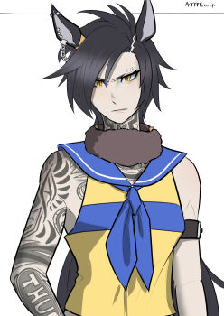 Rule 34 | 1girl, air shakur (umamusume), animal ear piercing, animal ears, arm strap, arm tattoo, artist name, asymmetrical hair, black hair, blue sailor collar, chest tattoo, commentary request, eyebrow piercing, face piercing, horse ears, horse girl, light frown, long hair, matsu (a-type corp), neck tattoo, piercing, sailor collar, shirt, short eyebrows, shoulder tattoo, sleeveless, sleeveless shirt, slit pupils, solo, tattoo, umamusume, upper body, very long hair, yellow eyes, yellow shirt