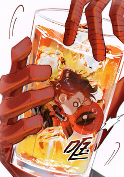 2boys animal_print black_bodysuit blush bodysuit brown_hair chibi chinese_commentary cup danmo222 deadpool deadpool_(series) drink drinking_glass full_body highres holding holding_cup ice ice_cube looking_at_another male_focus marvel multicolored_bodysuit multiple_boys no_mouth peter_parker red_bodysuit short_hair simple_background spider-man spider-man_(series) spider_print spider_web_print superhero_costume sweatdrop two-tone_bodysuit white_background
