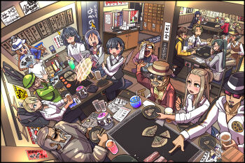 6+boys 6+girls akikawa_yayoi_(umamusume) animal_ears anshinzawa_sasami artist_self-insert back beard beauty_anshinzawa black_hair blonde_hair blush bowl braid breasts brown_hair business_suit casual cat character_doll character_request chopsticks closed_eyes clothes_hanger commentary_request cup doll drinking_glass ear_piercing facial_hair female_trainer_(umamusume) food formal_clothes frills fujii_sensuke futaba_channel genba_neko_(character) genba_neko_(meme) glasses green_hair grey_hair hat hayakawa_tazuna highres horse_ears horse_girl jacket kashimoto_riko kiryuuin_aoi kitahara_jou komiyama_masami long_hair medium_hair multicolored_hair multiple_boys multiple_girls musaka_ginjirou mustache nase_fumino okonomiyaki open_mouth partially_translated piercing plate pointing ponytail poster_(object) sakazaki_freddy sensei_(umamusume) shigoto_neko short_hair sitting skirt smile spatula suit sunglasses sweatdrop team_spica's_trainer teeth tongue toujou_hana trainer_(umamusume) trainer_kuronuma trainer_minamizaka translation_request two-tone_hair umamusume umamusume:_cinderella_gray yaeno_muteki's_trainer