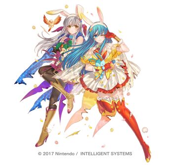 Rule 34 | 2girls, animal ear hairband, animal ears, aqua eyes, aqua hair, bare shoulders, battle damage, bird, black pantyhose, blue eyes, blue hair, blue shirt, blush, boots, breasts, brown boots, brown gloves, commentary, commentary request, damaged, dress, eirika (fire emblem), eirika (spring company) (fire emblem), english commentary, fake animal ears, fake tail, fighting stance, fingerless gloves, fire emblem, fire emblem: radiant dawn, fire emblem: the sacred stones, fire emblem heroes, flower, gloves, grey hair, hair ribbon, hairband, holding, kippu, long hair, micaiah (fire emblem), micaiah (spring company) (fire emblem), mixed-language commentary, multiple girls, neckerchief, nintendo, official alternate costume, official art, one eye closed, pantyhose, parted lips, purple neckerchief, purple vest, rabbit ears, rabbit tail, red boots, red gloves, red neckerchief, red shirt, ribbon, shirt, simple background, skirt, sleeveless, stuffed animal, stuffed rabbit, stuffed toy, tail, thigh boots, torn clothes, vest, white hairband, white skirt, yellow eyes, yellow vest, yune (fire emblem)