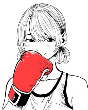 1girl boxing_gloves collarbone commentary_request eyebrows_hidden_by_hair gloves hair_ornament highres lee_(dragon_garou) low_twintails monochrome original ponytail red_gloves smile solo sports_bra spot_color twintails