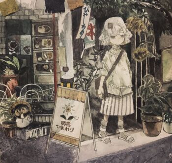 1girl acrylic_paint_(medium) asymmetrical_bangs bag bird brown_eyes closed_mouth commentary_request expressionless flag floppy_hat flower foliage green_eyes hat highres karintoun long_sleeves original outdoors painting_(medium) pale_skin penguin plant potted_plant sandals shop short_hair shoulder_bag sign skirt socks solo standing straight-on striped_clothes striped_skirt traditional_media urban watercolor_(medium) white_background white_hair