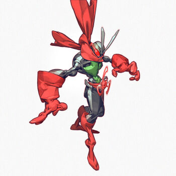 Rule 34 | armor, black bodysuit, bodysuit, boots, gloves, green armor, kamen rider, kamen rider (1st series), kamen rider 2, red boots, red eyes, red gloves, red scarf, scarf, simple background, tan zhi hui, white background