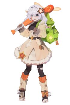 Rule 34 | 1girl, absurdres, baseball bat, brown dress, brown mittens, commentary request, dress, full body, hair ornament, hairclip, highres, holding, holding baseball bat, honkai (series), honkai impact 3rd, kiana kaslana, korean commentary, long hair, long sleeves, mittens, nareusii, open mouth, simple background, smile, solo, star (symbol), star hair ornament, tachi-e, toeless legwear, white background, white hair