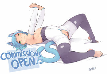 1girl animal_ears blue_hair bodysuit bodysuit_pull breasts bridal_gauntlets cat_ears cat_tail cleft_of_venus clitoral_hood crotchless elbow_gloves faustsketcher female_focus full_body gloves green_eyes looking_at_viewer lying naomi_(faustsketcher) nipples on_back original plantar_flexion pussy short_hair simple_background small_breasts smile solo stirrup_legwear stretching tail thighhighs toeless_legwear uncensored