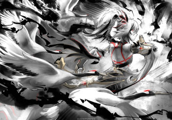 1girl absurdres back backless_dress backless_outfit bird black_gauntlets black_hair closed_mouth crane_(animal) dress eudaemonm feather_hair_ornament feathers from_behind fu_hua fu_hua_(crane_of_taixuan) fu_hua_(fenghuang_of_vicissitude) fu_hua_(garuda) hair_ornament hand_up high_ponytail highres honkai_(series) honkai_impact_3rd long_hair looking_at_viewer multicolored_hair ponytail profile sidelocks solo streaked_hair twitter_username white_dress white_hair white_sleeves white_theme wide_sleeves