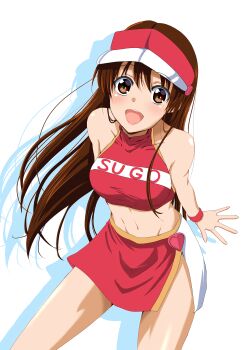 1girl 1990s_(style) absurdres bare_shoulders blush brown_eyes brown_hair clothes_writing collarbone covered_collarbone crop_top ei_(storm160) future_gpx_cyber_formula halterneck high_collar highres long_hair looking_at_viewer microskirt midriff miniskirt open_mouth race_queen shadow silhouette sitting skirt smile solo sugou_asuka teeth visor_cap wristband