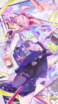 1girl absurdres animal_ears bag black_bag black_boots black_gloves black_pantyhose black_skirt boots bread commentary_request evanescia_(honkai:_star_rail) floating_hair flower food food_in_mouth fox_ears fox_girl from_side gloves hair_between_eyes hair_flower hair_ornament highres honkai:_star_rail honkai_(series) kyusoukyu long_sleeves looking_at_viewer mouth_hold pantyhose pink_hair school_bag short_hair_with_long_locks skirt smile solo