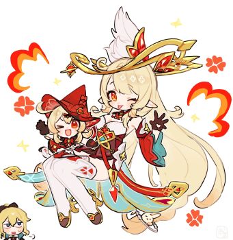 Rule 34 | > o, 3girls, ;d, ;p, ahoge, alice (genshin impact), arm up, black bow, black gloves, black shoes, blonde hair, blue eyes, blush, bow, bowtie, braid, brooch, closed mouth, clover brooch, commentary request, detached collar, detached sleeves, dodoco (genshin impact), dress, eyelashes, genshin impact, gloves, gold halo, gold trim, hair between eyes, hair ribbon, halo, hand up, hat, hat bow, high heels, high ponytail, highres, jean (genshin impact), jean (gunnhildr's legacy) (genshin impact), jewelry, klee (blossoming starlight) (genshin impact), klee (genshin impact), long hair, long sleeves, looking at viewer, low-braided long hair, low-tied long hair, low twin braids, low twintails, mother and daughter, multiple girls, one eye closed, oooma 155, open mouth, pointy ears, ponytail, red bow, red bowtie, red dress, red eyes, red hat, red ribbon, red skirt, red sleeves, ribbon, shirt, shoes, short sleeves, sidelocks, simple background, skirt, smile, sparkle, strapless, strapless dress, striped bow, sweatdrop, thighhighs, tilted headwear, tongue, tongue out, twin braids, twintails, very long hair, vision (genshin impact), waving, white background, white dress, white shirt, white thighhighs, witch hat