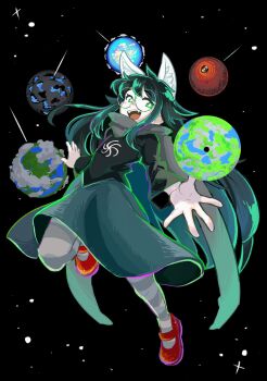 1girl animal_ears black_background black_dress black_hair black_hood dog_ears dress full_body god_tier_(homestuck) green_eyes highres homestuck jade_harley kl_oekaki long_hair mary_janes open_mouth pantyhose red_shoes shoes smile solo striped_clothes striped_pantyhose very_long_hair