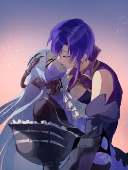 absurdres black_dress blue_hair closed_eyes dress earrings fire_emblem fire_emblem:_the_blazing_blade fire_emblem_heroes fusenryo ganglot_(fire_emblem) highres jewelry kiss long_hair nintendo pale_skin short_hair skeleton ursula_(fire_emblem) yuri