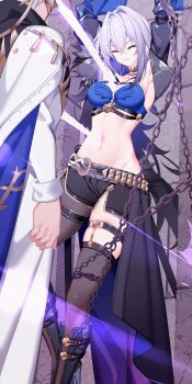 1boy 1girl armpits arms_up bandeau black_boots black_jacket black_pantyhose black_shorts blue_bandeau blue_hair boots bound breasts chain chinese_commentary cleavage clenched_teeth closed_eyes commentary_request criss-cross_straps cropped_jacket crossed_bangs energy_sword fenrico_(wuthering_waves) galbrena_(wuthering_waves) gold_choker grey_hair groin hair_between_eyes hair_intakes highres jacket knee_boots large_variant_set mask medium_breasts medium_hair midriff multicolored_hair nami_qi navel open_clothes open_jacket pantyhose purple_eyes restrained robe short_shorts shorts sidelocks single_leg_pantyhose single_thighhigh single_wing skindentation stab standing sword teeth textless_version thigh_strap thighhighs variant_set waist_cape weapon white_hair white_robe wings wuthering_waves