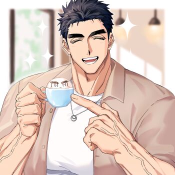 1boy bara black_hair brown_jacket chain chain_necklace closed_eyes cup domo_(domo_kizusuki) forehead highres holding holding_cup jacket jewelry kokado_shido_(domo) large_pectorals male_focus muscular muscular_arms muscular_male necklace open_mouth original pectorals pointing pointing_at_object ring ring_necklace shirt short-sleeved_jacket short_hair short_sleeves sideburns smile sparkle teeth v-taper veins veiny_arms white_shirt
