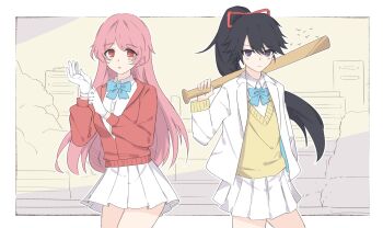 Rule 34 | 2girls, adjusting clothes, adjusting gloves, alternate costume, alternate hairstyle, arm at side, bambietta basterbine, baseball bat, black hair, bleach, bleach: sennen kessen-hen, blue bow, blue bowtie, blush stickers, border, bow, bowtie, cardigan, closed mouth, collared shirt, commentary, cowboy shot, deadman70232800, delinquent, english commentary, eyes visible through hair, floating hair, frown, gloves, hair between eyes, hand up, hands up, highres, holding, holding baseball bat, jacket, long hair, meninas mcallon, miniskirt, multiple girls, open clothes, open jacket, open mouth, outdoors, outline, outside border, over shoulder, parted bangs, pink hair, pleated skirt, ponytail, purple eyes, red cardigan, red eyes, school uniform, shirt, simple background, skirt, sweater vest, v-shaped eyebrows, very long hair, weapon, weapon over shoulder, white border, white gloves, white jacket, white outline, white shirt, white skirt, yellow sweater vest