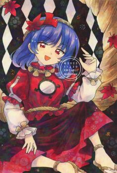 1girl artist_name commentary dated highres layered_sleeves leaf long_sleeves maa_(forsythia1729) mirror open_mouth purple_hair red_eyes red_shirt red_skirt rope sandals shide shimenawa shirt short_over_long_sleeves short_sleeves skirt smile solo touhou traditional_media twitter_username watermark yasaka_kanako