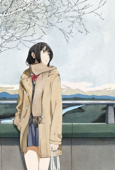 1girl 7ife absurdres bare_tree black_eyes black_hair black_sweater_vest blue_skirt bow brown_scarf closed_mouth coat grey_coat highres original outdoors overcast pleated_skirt red_bow scarf skirt sky solo sweater_vest tree winter_uniform