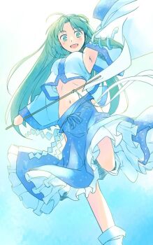 1girl :d ahoge arm_up armpits blue_background blue_skirt blush breasts clothing_cutout commentary_request detached_sleeves foot_out_of_frame frog_hair_ornament gohei green_eyes green_hair hair_ornament hip_vent holding holding_gohei knees kochiya_sanae long_hair looking_down medium_breasts navel one-hour_drawing_challenge open_mouth petticoat rangycrow ribbon shirt shoes single_sidelock skirt smile snake_hair_ornament solo stomach touhou white_ribbon white_shirt white_shoes