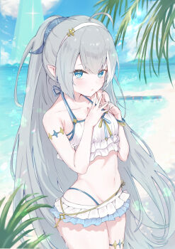 1girl absurdres ahoge arm_behind_head arm_strap armpit_crease bare_shoulders beach bikini bikini_ribbon blue_eyes blue_hairband blush breasts collarbone commentary_request female_tyrant_(stella_sora) female_tyrant_(swimsuit)_(stella_sora) frilled_bikini frills grey_hair hair_ornament hairband halterneck highres key long_hair looking_at_viewer navel official_alternate_costume open_mouth ribbon rinnne666 small_breasts solo star_(symbol) stella_sora stomach sweat swimsuit symbol-shaped_pupils thigh_strap thighs two-tone_ribbon tyrant_(stella_sora) very_long_hair white_bikini