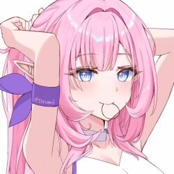 Rule 34 | 1girl, armpits, arms behind head, arms up, bare shoulders, blue eyes, breasts, cleavage, closed mouth, commentary, elysia (honkai impact), english commentary, hair intakes, hair tie, hair tie in mouth, honkai (series), honkai impact 3rd, long hair, looking at viewer, medium breasts, mouth hold, nami (tznami), pink hair, pointy ears, simple background, smile, solo, twitter username, white background