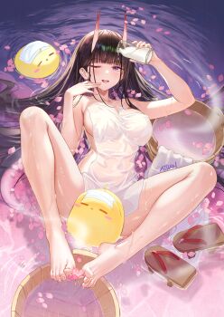 1girl artist_name atdan azur_lane black_hair bottle breasts bucket demon_horns feet feet_together fingers_to_mouth floating full_body geta highres horns in_water large_breasts leg_up looking_at_viewer milk_bottle noshiro_(azur_lane) nude one_eye_closed onsen petals petals_on_liquid pouring pouring_onto_self purple_eyes shiny_skin solo spread_legs towel wet