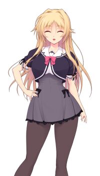 1girl :d ^_^ arm_at_side black_bow black_pantyhose black_ribbon blonde_hair bow bowtie breasts brown_pantyhose closed_eyes contrapposto cropped_jacket dress erika_la_etienne facing_viewer feet_out_of_frame frilled_skirt frills game_cg grey_skirt hair_between_eyes hair_intakes hand_on_own_hip high-waist_skirt jacket kourin_tenshi_en_ciel_rena lace lace-trimmed_dress lace-trimmed_skirt lace_trim large_breasts large_variant_set long_hair miniskirt non-web_source official_art open_mouth pantyhose pink_bow pink_bowtie pleated_skirt puffy_short_sleeves puffy_sleeves ribbon sailor_collar saitou_natsuki school_uniform shirt short_sleeves sidelocks simple_background skirt smile solo standing suhamaya transparent_background variant_set white_sailor_collar white_shirt yurigaoka_girls_academy_school_uniform