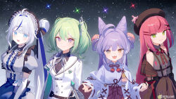 Rule 34 | 4girls, ahoge, ainy, bare shoulders, black skirt, blue eyes, bow, bowtie, character request, choker, dress, green eyes, green hair, hair between eyes, hair ornament, hairclip, headdress, japanese clothes, kimono, long hair, looking at viewer, medium hair, multiple girls, open mouth, purple eyes, purple hair, red hair, skirt, smile, star (sky), stellive, sword, twintails, weapon, white choker, white dress, white hair, white kimono, yellow eyes