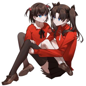 2girls :o age_difference aged_down amiably_02 black_ribbon black_skirt black_thighhighs blue_eyes brown_shoes child fate/stay_night fate/zero fate_(series) hair_ribbon highres long_hair long_sleeves looking_at_another matou_sakura multiple_girls pleated_skirt red_sweater ribbon shoes short_hair siblings simple_background sisters sitting sitting_on_lap sitting_on_person skirt smile sweater thighhighs tohsaka_rin tohsaka_sakura turtleneck turtleneck_sweater two_side_up white_background white_skirt