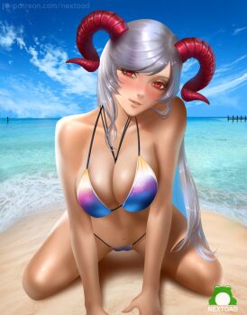 1girl artist_name bare_arms bare_legs bare_shoulders beach bikini blush breasts cleavage collarbone fire_emblem fire_emblem_heroes freyja_(fire_emblem) grey_hair horns kneeling large_breasts leaning_forward long_hair looking_at_viewer multicolored_hair nextoad nintendo ocean red_eyes sand segmented_horns smile swimsuit water watermark web_address