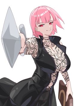 1girl absurdres arm_tattoo breasts cane cleavage cosplay daaku_(koizumi_arata) devil_may_cry_(series) highres holding holding_cane hololive hololive_english looking_at_viewer mori_calliope pink_eyes pink_hair red_eyes smile solo tattoo v_(devil_may_cry) v_(devil_may_cry)_(cosplay) virtual_youtuber