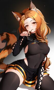 Rule 34 | 1girl, absurdres, animal ear fluff, animal ears, artist name, black hair, black shrug, black skirt, braid, breasts, bright pupils, character request, commentary, copyright request, covered navel, glasses, hair ornament, highres, holding, holding removed eyewear, kneeling, long hair, mismatched pupils, multicolored hair, orange eyes, orange hair, sakotach, shrug (clothing), skirt, solo, tail, taut clothes, thighhighs, unworn eyewear, white hair, white pupils