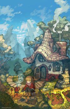 1girl artist_name blonde_hair boots braid cloud coffee_pot commentary_request demizu_posuka denim fish furnace garden gloves highres house jeans long_sleeves mountain original outdoors pants path road scarf scenery smoke steam