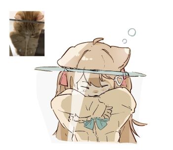 Rule 34 | 1girl, :3, ahoge, animal ears, aqua bow, aqua bowtie, bow, bowtie, brown hair, cardigan, cat, cat ears, cat girl, closed eyes, cropped torso, crossed arms, hair between eyes, hair intakes, hair ornament, hair ribbon, hashtag-only commentary, heart, heart hair ornament, kosame, light blush, long hair, long sleeves, lying, neuro-sama, on stomach, photo-referenced, photo inset, pink ribbon, reference inset, ribbon, simple background, sleeping, squeans, two side up, vedal ai, very long hair, white background, yellow cardigan