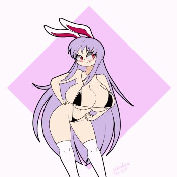 1girl animated animated_gif bikini black_bikini blush bouncing_breasts breasts female_focus highres huge_breasts large_breasts long_hair looking_at_viewer purple_hair rabbit_ears rabbit_girl red_eyes reisen_udongein_inaba solo standing swimsuit thighhighs thong touhou white_thighhighs zedrin